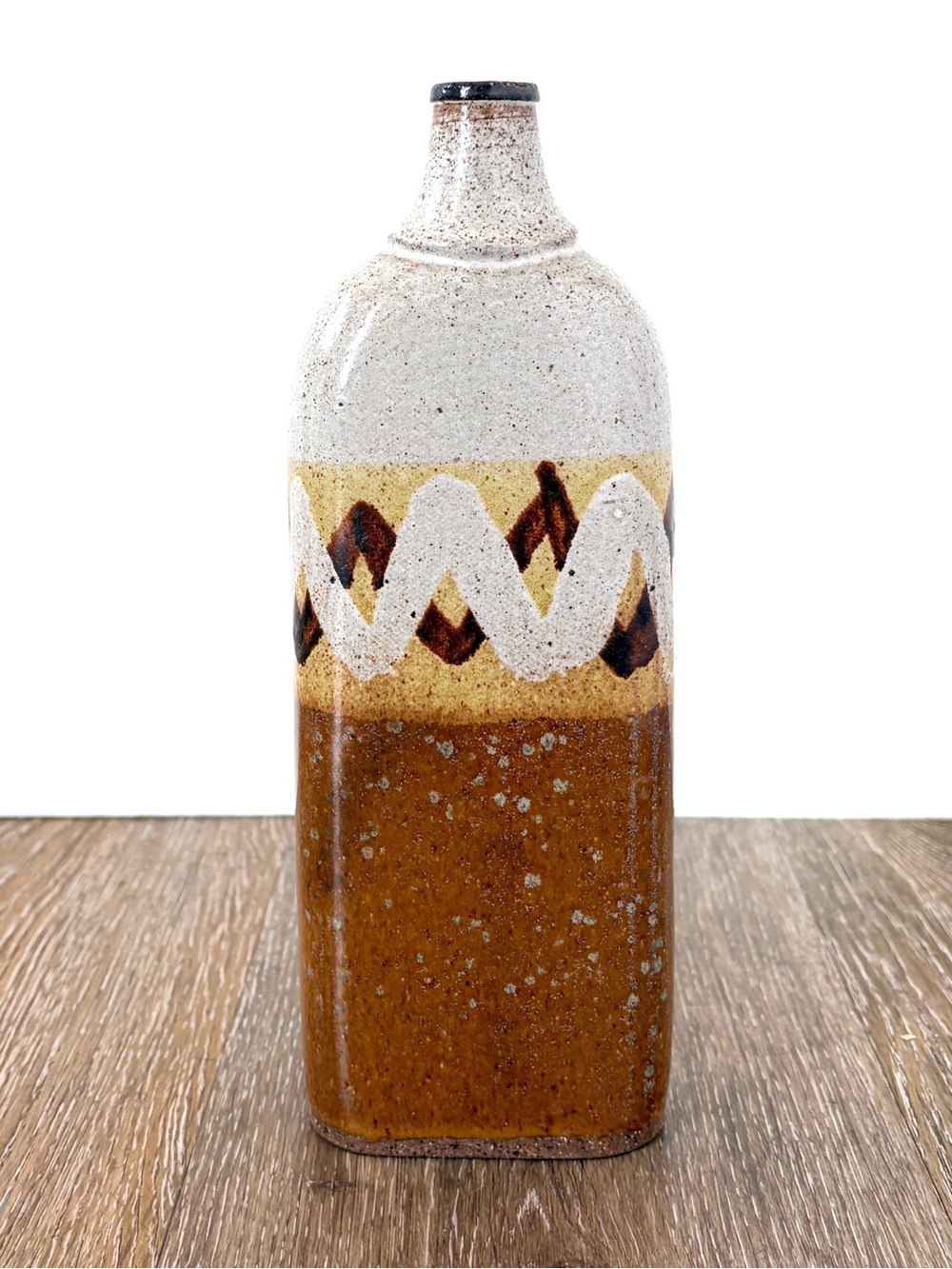 Handcrafted Stoneware Bottle Vase in Speckled White and Rustic Brown